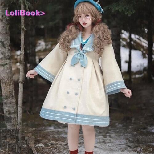 Lolibook Sweet Lolita Style Woolen Coats Autumn Women Cute Sailor Collar Loose Jackets Winter Girly Kawaii Trend Outwear