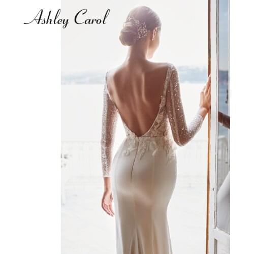 Ashley Carol Trumpet Wedding Dress 2021 Classy V-Neck Beaded Embroidery Backless Bride Sparkly Long Sleeve Chiffon Bridal Gown