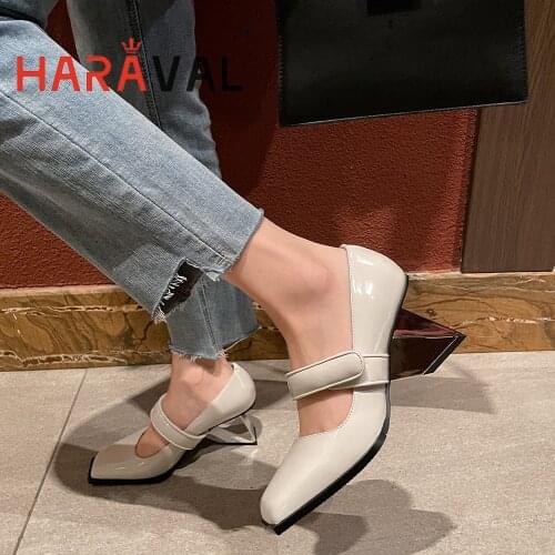 HARAVAL Women Pumps Shoes Loafers Black White Square Toe Solid Casual Genuine Leather Elegant Fashion High Heels Shoes WomenA334