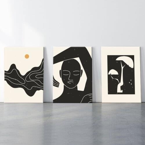 Vintage Boho Beige Wall Art Prints Abstract Woman Face Canvas Paintings Aesthetic Wall Posters Pictures for Bedroom Home Decor