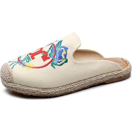 Embroidered Slippers Women Summer New Linen Bottom Round Head Breathable Embroidery Lazy Women Shoes Hemp Travel Canvas Shoes