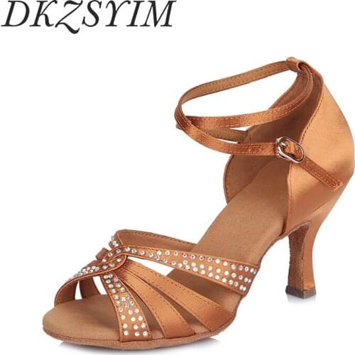 DKZSYIM Women Fashion Latin Dance Shoes Satin Professional Salsa Dancing Shoes For Girls Ladies 6.5cm Ballroom Dance Sandals