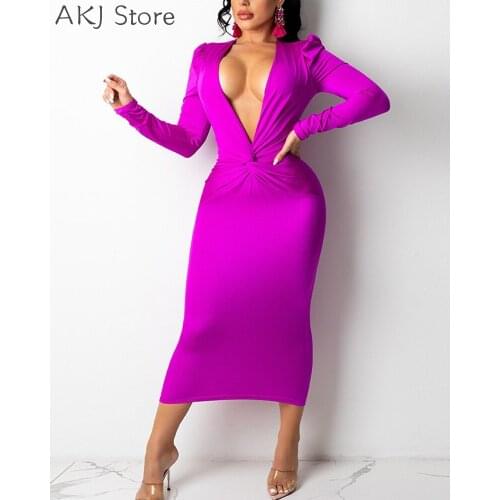 Women Solid Color Deep V-Neck Twist Puff Sleeve Bodycon Dress