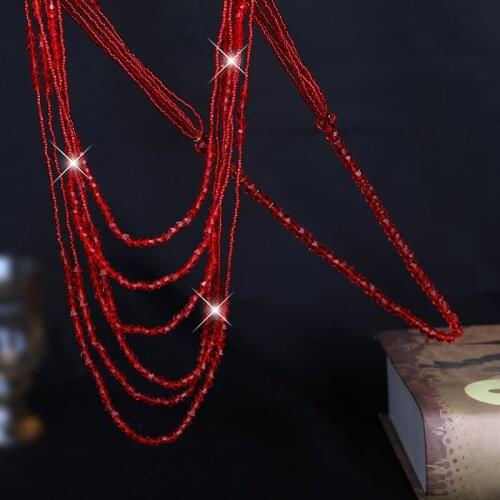 2021 Summer New Strand Layers Necklace for Women Shiny Crystal Beads Sweater Chain Lady Fashion Joker Red Jewelry on the Neck