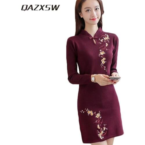 QAZXSW 2019 New Autumn Winter Dress For Women Embroidery Flower Dress Large Size Cheongsam Ladies Party Dresses Vestidos HB511