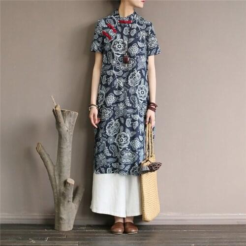 Johnature Women Chinese Style Dress Stand Short Sleeve Button Blue And White Vintage Cheongsam 2020 Summer High Quality Dress