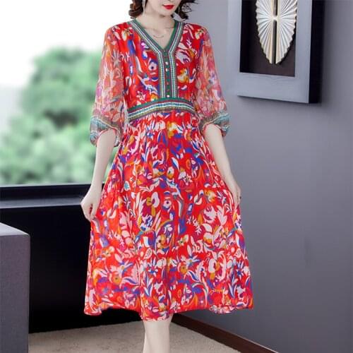 2021 Summer Boho Red Floral 4XL Plus Size Dresses Women Vintage Mulberry Silk Baech Midi Sundress Elegant Bodycon Party Vestidos