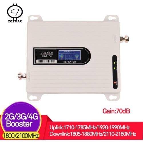 ZQTMAX 2G 3G 4G repeater 2100 1800 Dual band UMTS 2100 internet data,LTE 1800 signal amplifier 70dB 2g 4g signal booster