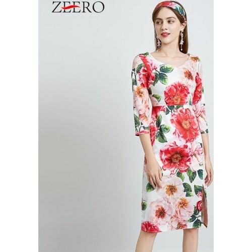 2021 Party Dress Rose Floral Split Bodycon Pencil Womens Three Quarter Sleeve Elegant Runway Flower Print Beach Summer Dress