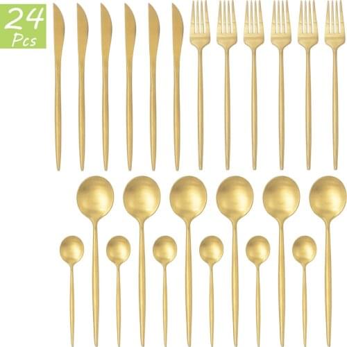 24Pcs Matte Gold Tableware 18/10 Stainless Steel Cutlery Set Knives Salad Fork Tea Spoons Dinnerware Home Kitchen Silverware Set