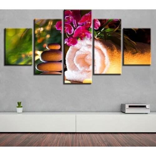 5D DIY Embroidery Diamond Picture Scenery Home Decor 5 Pcs Painting Pink Flower Stone Spa Full Round Drill Cross Stitch Wall Art
