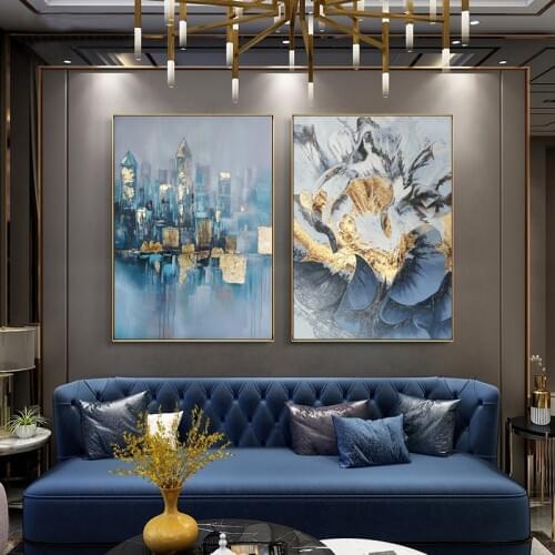 Canvas Painting Abstract Blue City Landscape Poster Print Living Room Bedroom Office Gold Picture Wall Art Decoration Home Decor