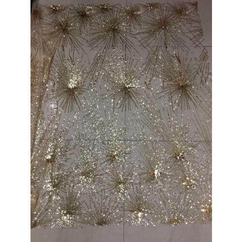 Sequin fabric stock 5yards CH/MX357# Radiated gold sequined embroidered wedding dress for bridal wedding dress/sawing