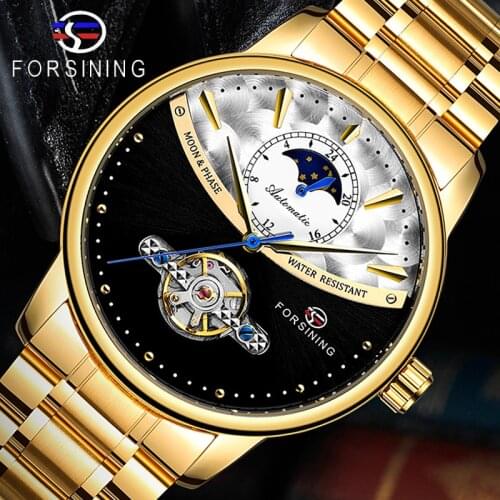 Forsining 2019 Mens Automatic Wrist Watch Royal Golden Sun Moon Self-Wind Skeleton Stainless Steel Band Mechanical Relogio Clock