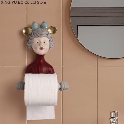 Bowknot Girl Roll Paper Tube Punch-free Tissue Holder Wall-mounted Wash Towel Storage Decoration Creative Bathroom Decoration