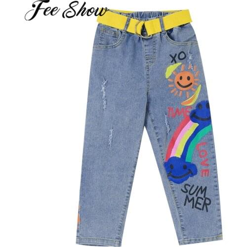 Fashion Girls Denim Pants Cute Cartoon Ripped Jeans For Teenage Girls Kids Trousers Elastic Waistband Children Jeans With Belt