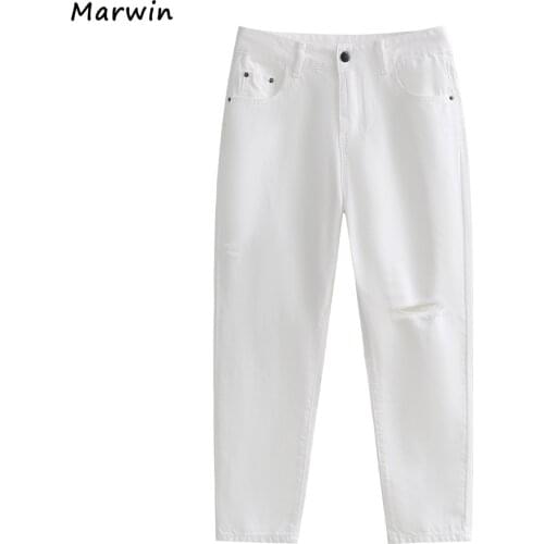 Marwin 2021 New-Coming Spring Solid High Waist Casual Thin Ankle-Length Hole White Jeans High Street Style Women Pants