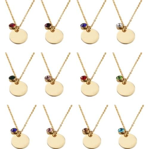 Fnixtar 12Pcs 45cm 15mm Round Discs Birthstone Necklace Mirror Polish Stainless Steel Chain Necklace For Womens Fashion 2021