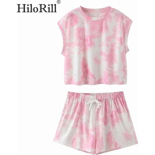 HiloRill Women Tie Dye Print Two Piece Set Top And Shorts Summer Sleeveless T Shirt With Elastic Waist Shorts Multi Color Outfit