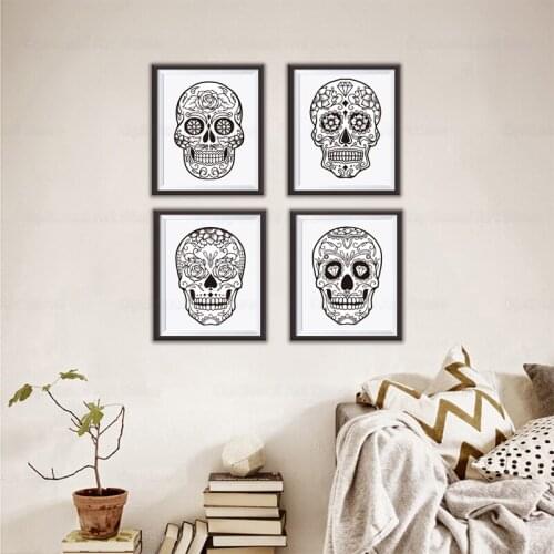 Sugar Skull Mexican Decor Canvas Art Painting , Hand Drawn Sugar Skull Poster Canvas Painting Wall Decor