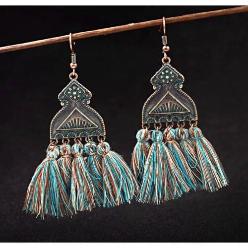 Classic Womens Green Tassel Ethnic Dangle Earrings Indian Jewelry Summer Geometric Alloy Long Fringed Boho Earrings Jhumka