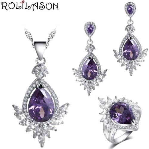 ROLILASON Purple Zircon Crown shape water drop design For girl Earrings Necklace Rings Jewelry Sets JS773