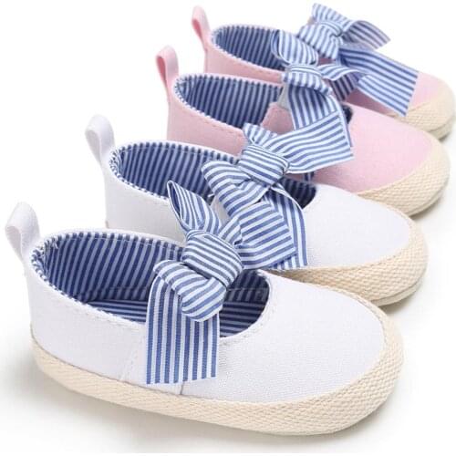 Fashion Baby Girls Princess Shoes Infant Toddler Crib Bebe Kids First Walkers Canvas Striped Big Bow Soft Soled Anti-Slip Shoes