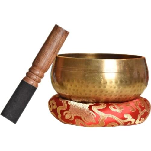 A Set Diameter Popular Tibetan Hammered Yellow Yoga Singing Bowl+Wooden stick + silk cloth mat
