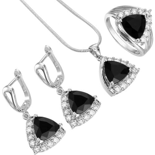 Created CZ Crystal jewelry sets black triangle zircon silver color engagement Earrings Ring Necklace jewelry for women Wedding