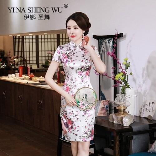 New Traditional Chinese Qipao Dress Modern Vestido Womens Satin Qipao Mini Cheongsam Flower Plus Size S-6XL For Wedding