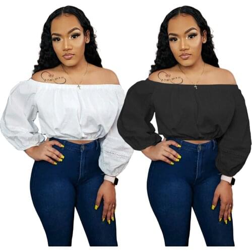 2021 Autumn New Womens Off The Shoulder Solid Color Puff Sleeve Top Casual Shirts