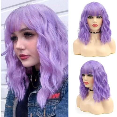 ALynn Short Curly Bob Wig Synthetic Wig Purple Hair With Bangs Heat Resistant For Women African American Daily Cosplay Party Use