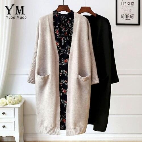 YuooMuoo Casual Long Knitted Cardigan Women Brief Two Pockets Open Stitch Sweater Coat Solid Loose Jumper Autumn Outwear Jacket