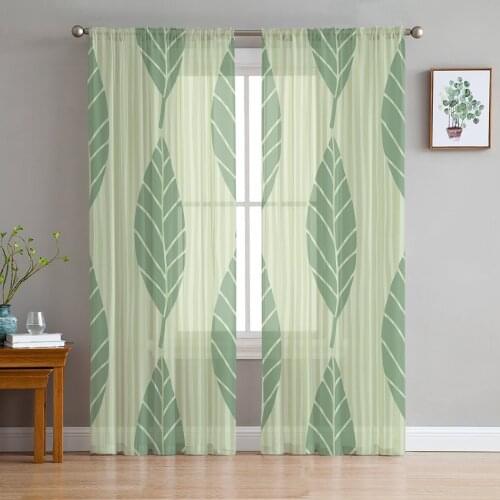 Simple Tulle Curtains Leaf Plant Stripes Villa Living Room Adult Bedroom Study Gauze Fabric Balcony Decor Chiffon Curtains