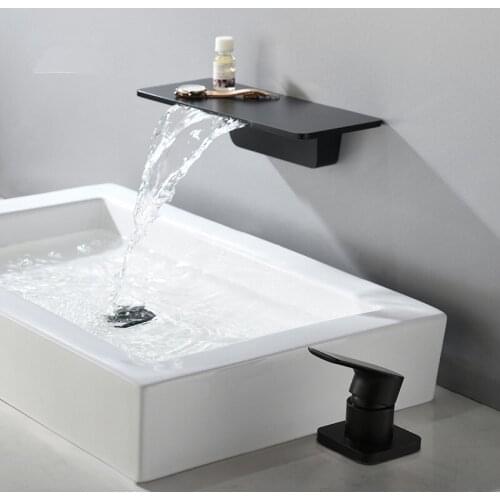 Basin Faucets Solid Brass Hot & Cold Bathroom Waterfall Sink Mixer Tap Single Handle Wall Mounted Lavatory Crane Vessel Black