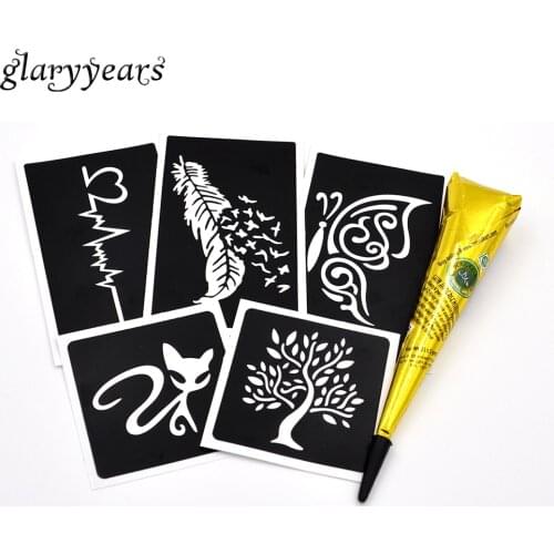 5 Pieces Henna Stencil + 1 Piece Black Henna Paste Body Art Paint Indian Henna Paste Cone Drawing for Women Men Tattoo Templates