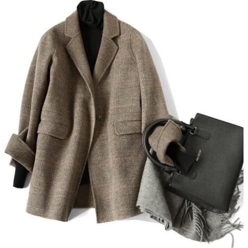 High quality hand-sewn wool fleece fashion plaid coat women suit new autumn and winter office lady woolen womens clothing K259