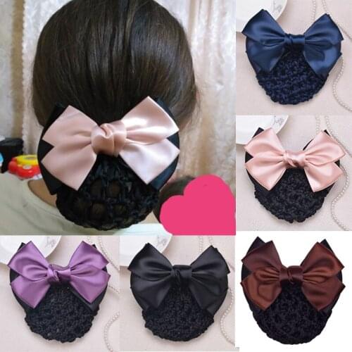 Fashion Satin Bow Barrette Women Lady Hair Clips Cover Net Bowknot Bun Snood Hairgrips Hair Accessories