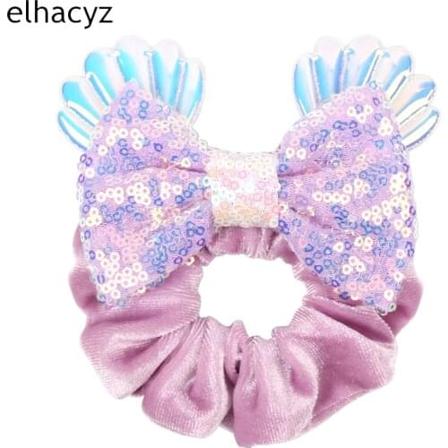 Summer Girls Mermaid Shells Sequins Bow Velvet Scrunchies Pony Tail Holder Elastic Waist Hair Band Headband Women Hair Accessory
