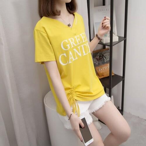 4-25 Summer Women T-shirts Short Sleeve Letter Print Loose Unique Design Hem Stretch Drawstring V-Neck Korean Style Casual Tees