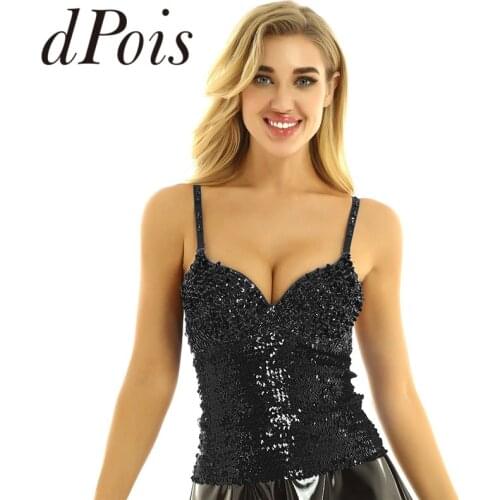 Womens Dazzling Glittery Sequins Adjustable Spaghetti Straps Push up Underwired Bustier Crop Tops Vest Club Jazz Dance Corset