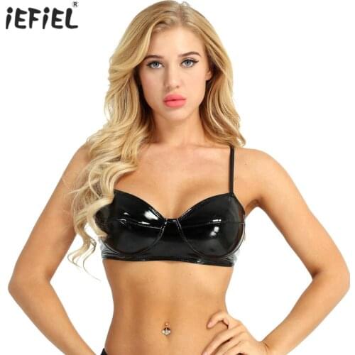 Womens Wet Look Faux Leather Brassiere Lingerie Underwear No Pad Wire-free Bralette Fashion Bra Tops Music Festivals Clubwear