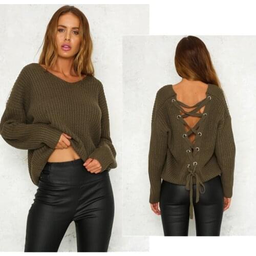 Autumn Winter Women Casual Sexy Backless Knitting Pullover Fashion Lace Up Sweater Tops Hollow Out Jumper Pull Femme