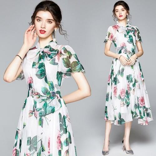 Summer Fashion Women Casual Sweet Short Flying Sleeves Long A Line Floral Print Chiffon A Line Dress White