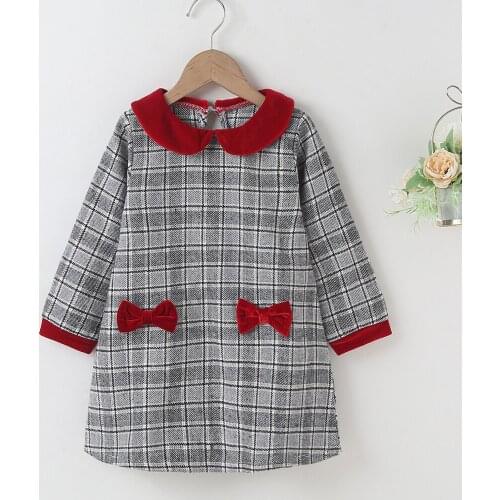 Winter 2021 Girls Dress Girls Cute Dress Long Sleeve Red Collar Gray Plaid Red Bow Cute Streetwear Dresses Vestidos 18M-6T