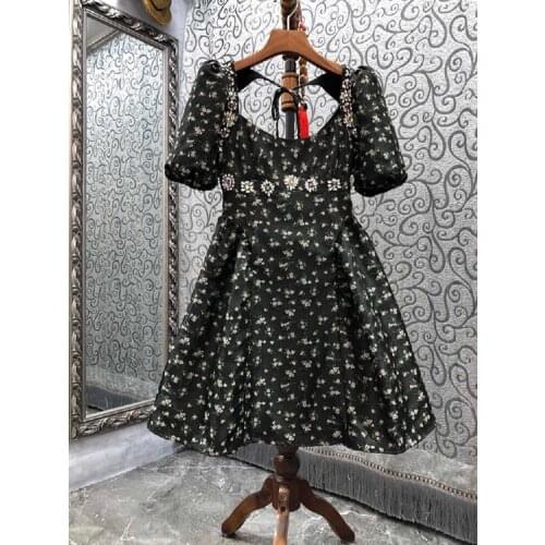 Ball Gown Party Womens Dress 2021 Autumn Winter Ladies Vintage Jacquard Print Hand Made Beading Elegant Black Dress Vestidos