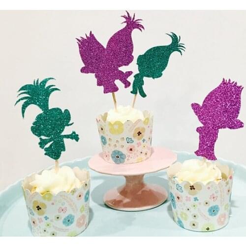 Glitter trolls movie wedding gender reveal birthday cupcake toppers baptism Christening party decoration doughnut toothpicks