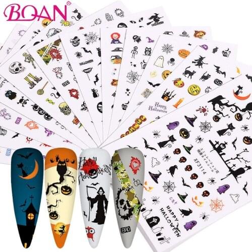 BQAN 12pcs/lot Beauty Halloween Water Transfer Nail Art Stickers Decals Nails Decoration Pumpkin Skull Bat Design Manicure Tool