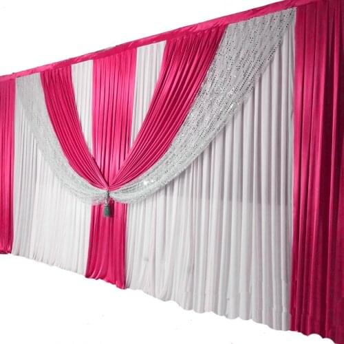 Pure white Wedding Backdrop with sequin Swags 3X6M Satin Party Stage Background Pleated Curtain Wedding party Decorations