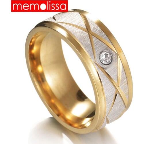 MeMolissa Gold Color Rhombus with Zircon Finger Ring for Woman Man Wedding Jewelry 316L Stainless Steel Top Quality 8mm Rings